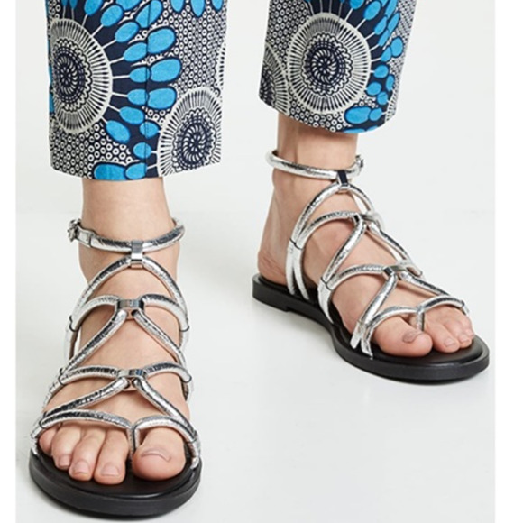 Rebecca Minkoff Women's Black/Silver Sarle Metallic-Strap Sandal Flats Size 6 - Picture 1 of 11